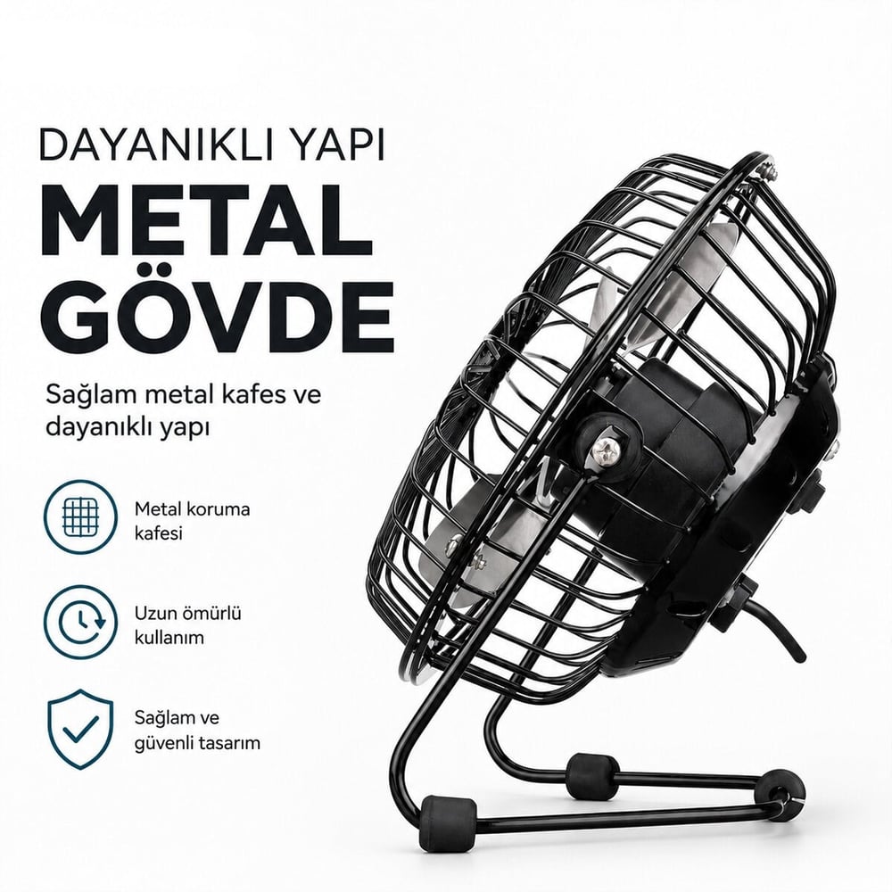 USB ŞARJLI - METAL GÖVDE 14.5X7.5X15CM MİNİ MASAÜSTÜ FAN - VANTİLATÖR EFN-482 (5293)