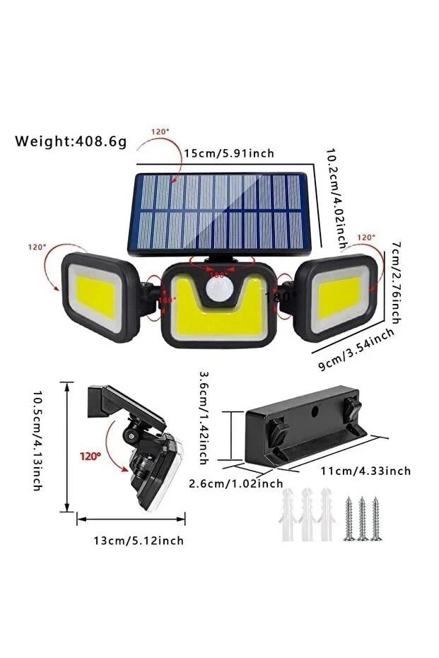 Üçlü Solar Led Projektör – Beyaz Işık – Sensörlü Dış Mekân Aydınlatma (5293)