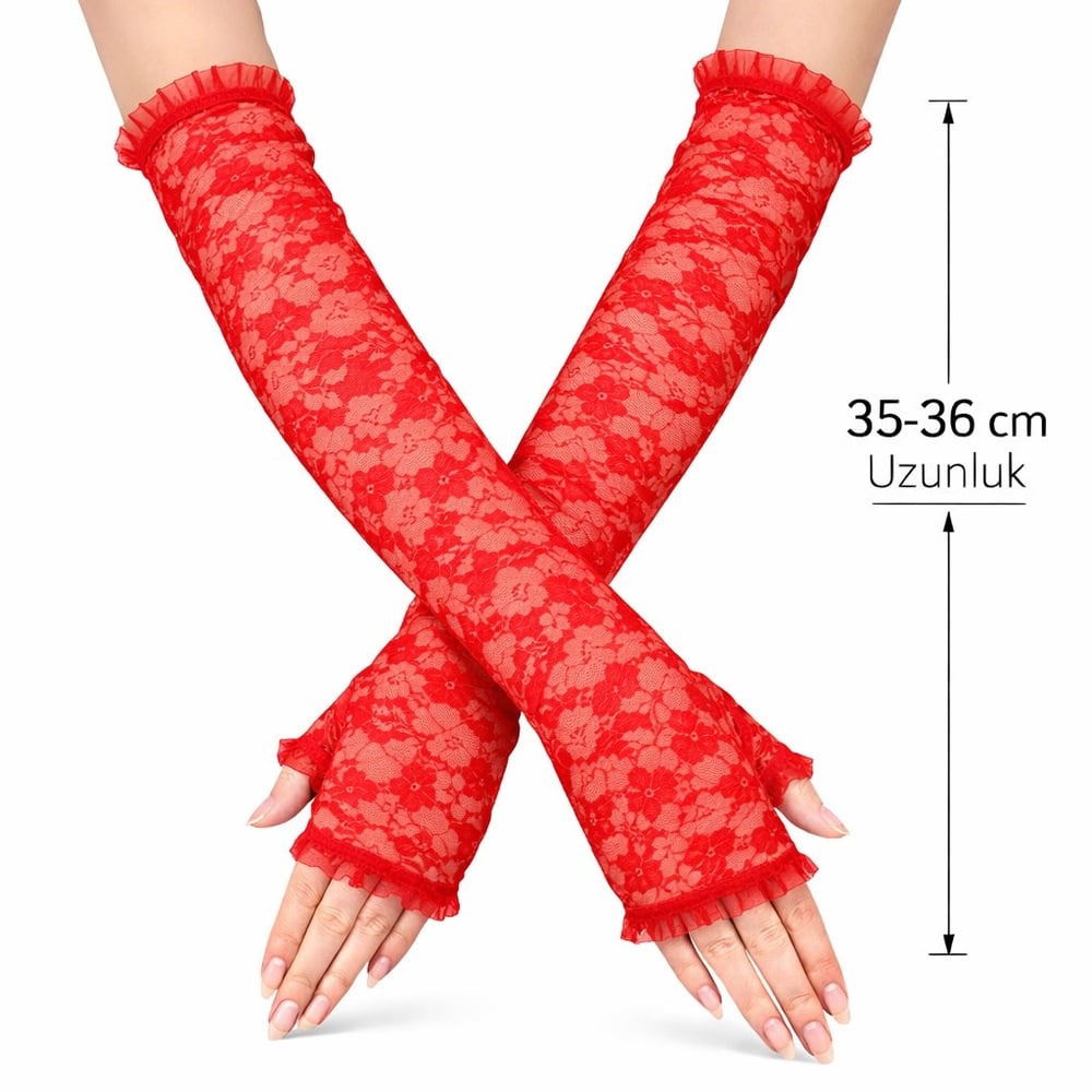 Uzun Zarif Dantel Eldiven Parmaksız Kırmızı 35 cm (5293)