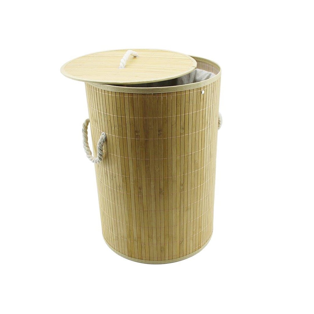YUVARLAK BAMBU AHŞAP KİRLİ ÇAMAŞIR SEPETİ 35X60CM SEYYAR KAPAKLI İÇİ BEZLİ İP KULPLU (5293)
