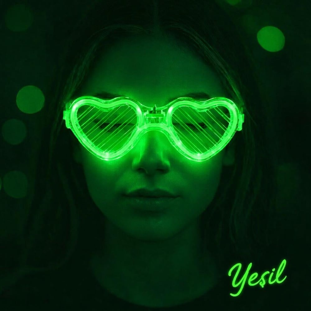 Yeşil LED Işıklı Kalp Gözlük – 3 Modlu Parti - Glow Gözlüğü (5293)