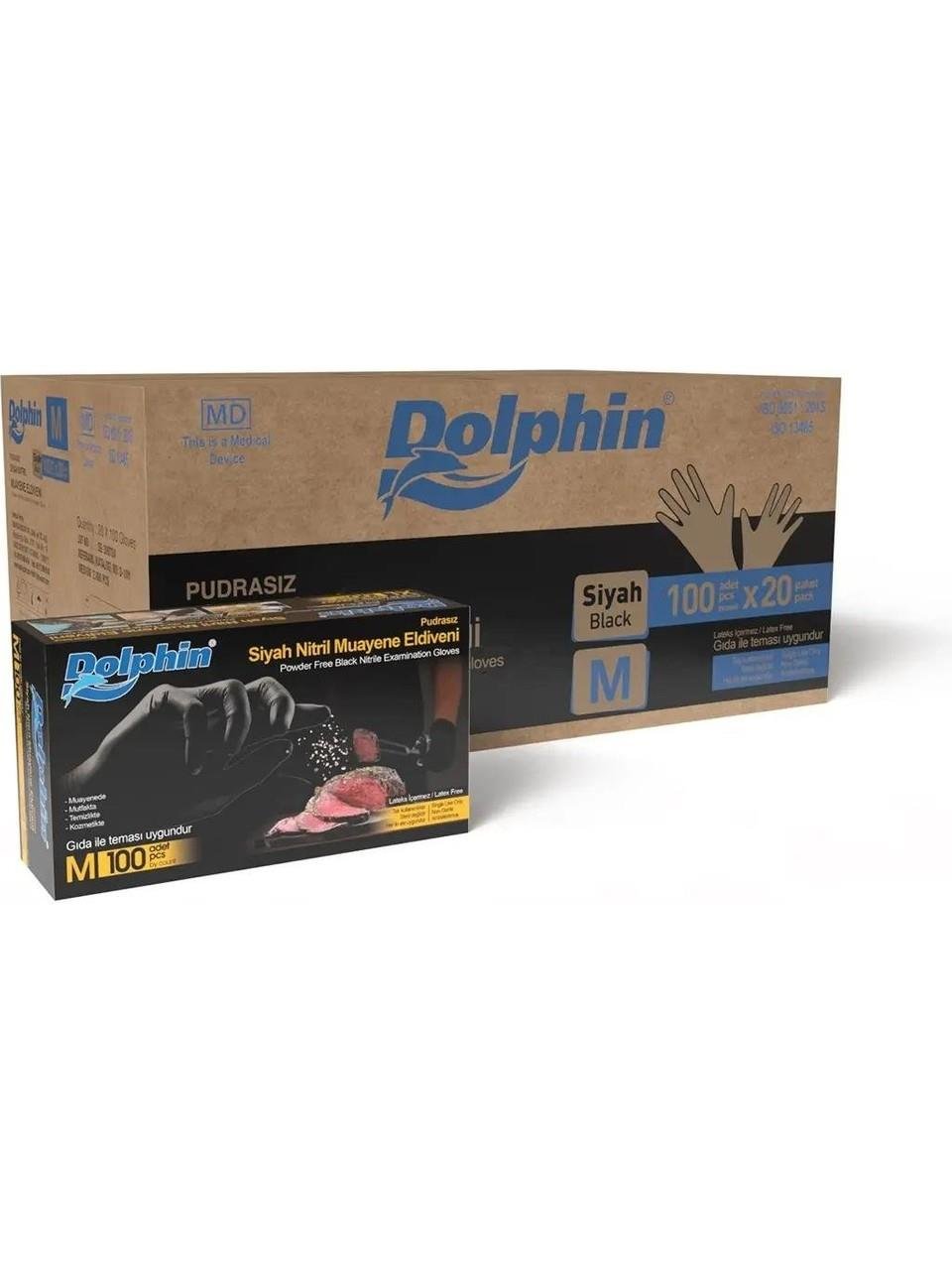 Dolphin Pudrasız Siyah Nitril Çok Amaçlı Eldiven (M) 1 koli (20 paket)