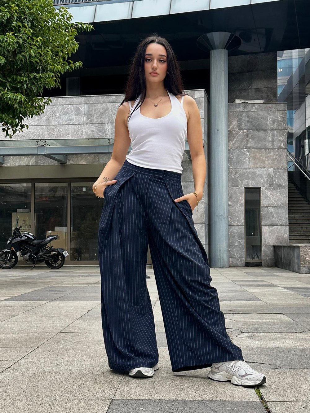 SILVY Pileli Çizgili Yüsek Bel Lacivert Kumaş Pantolon