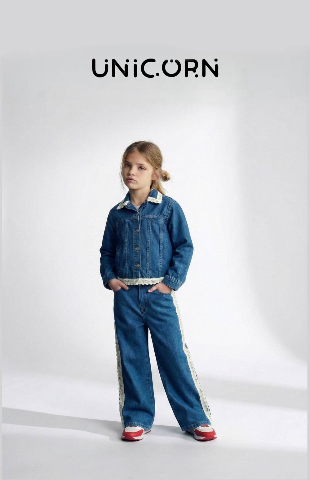 Unicorn Kız Çocuk Dantel Brode Detaylı Denim Ceket ve Pantolon Takım