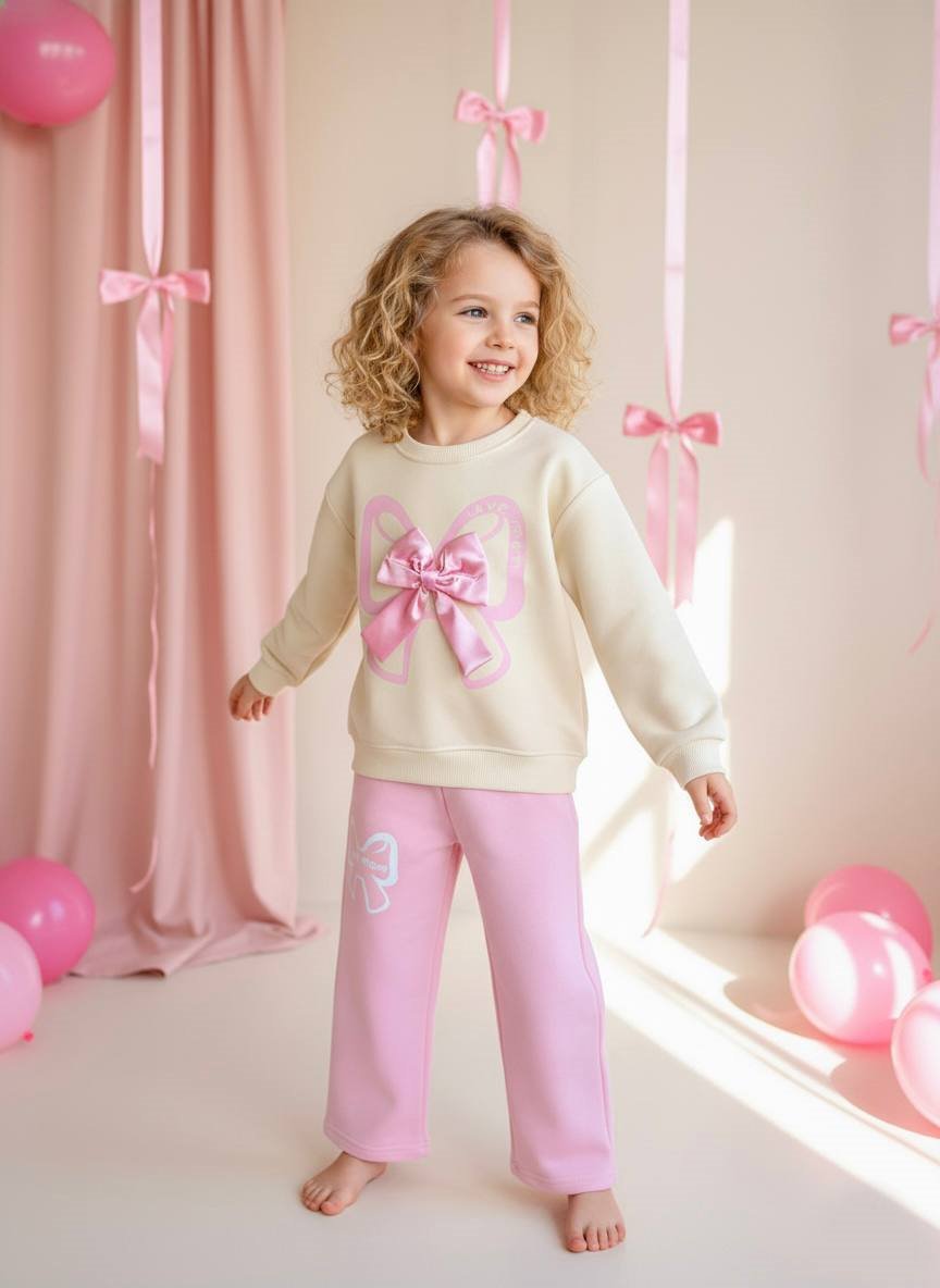 Unicorn Kız Çocuk Krem Pembe  Fiyonk Detaylı Alt Üst Takım