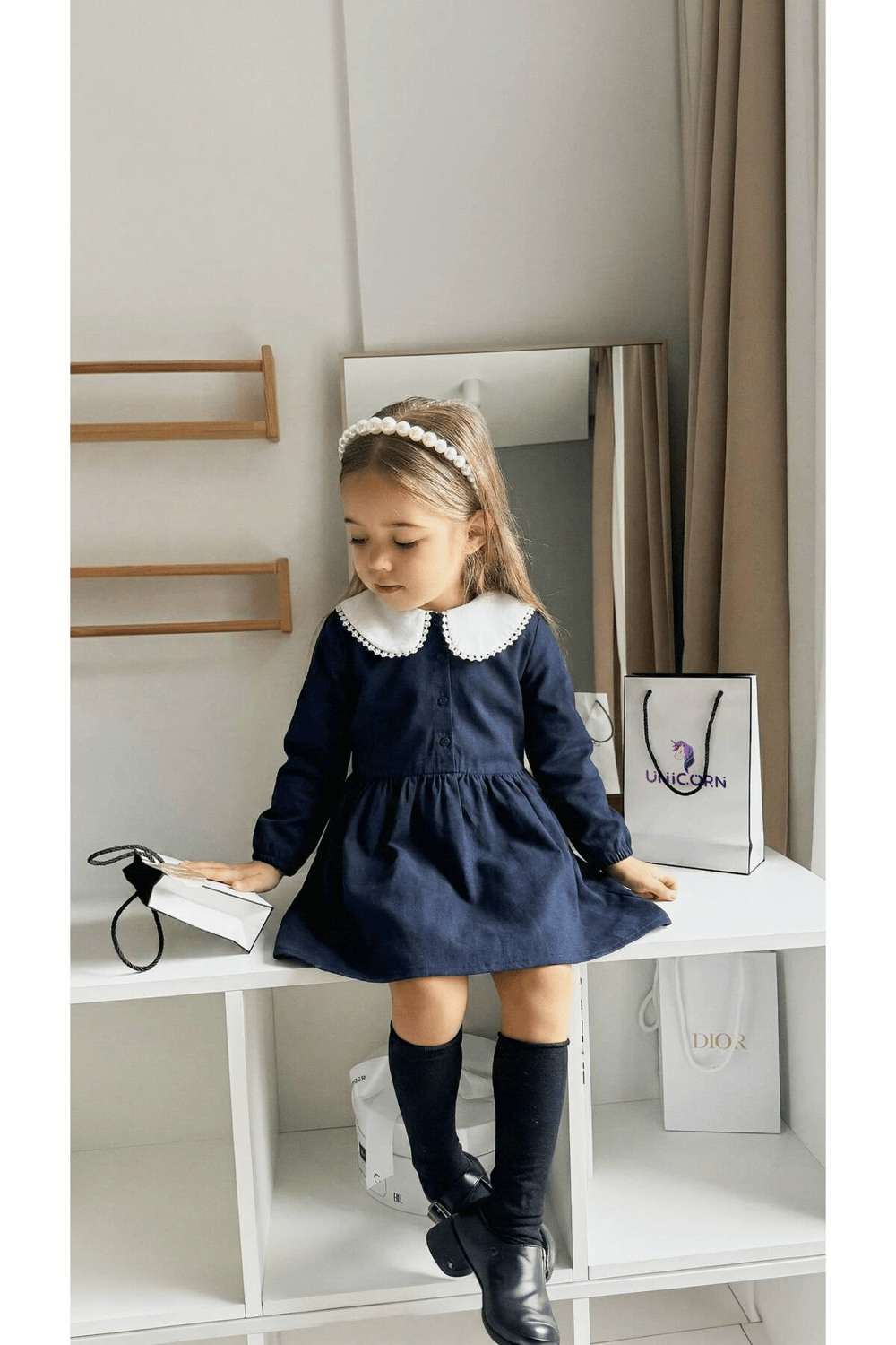 Unicorn Kız Çocuk Lacivert Brode Bebe Yaka Klasik Kesim Elbise