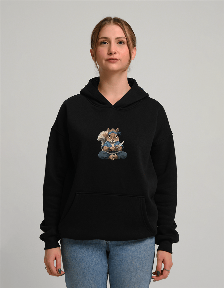 Bıçaklı Samuray Sincap Baskılı Unisex Kapüşonlu Sweatshirt