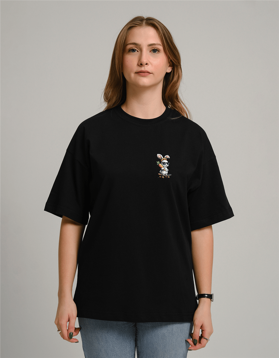 Kaykaylı Tavşan Baskılı Unisex Oversize T-Shirt