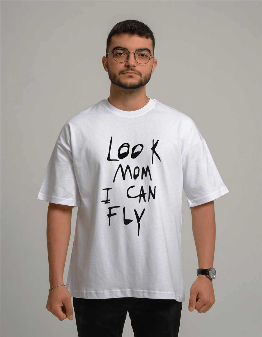 Look Mom I Can Fly Baskılı Unisex Oversize T-Shirt