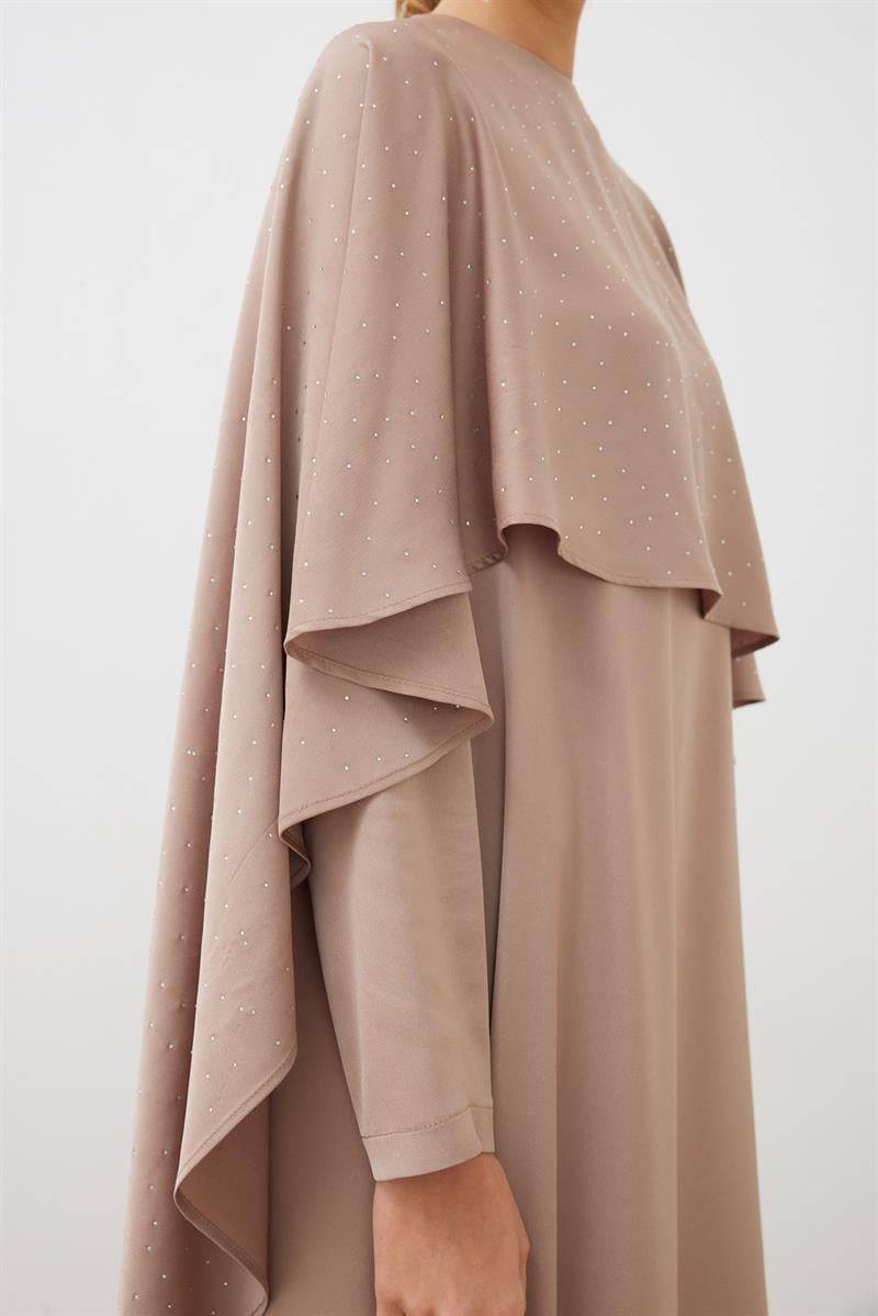 AMELIA CAPE DRESS WITH STONE DETAILS MINK