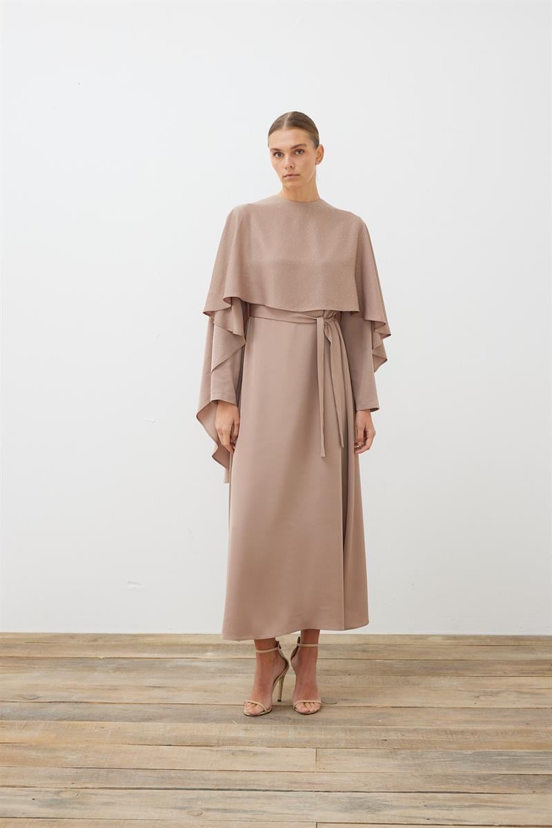 AMELIA CAPE DRESS WITH STONE DETAILS MINK