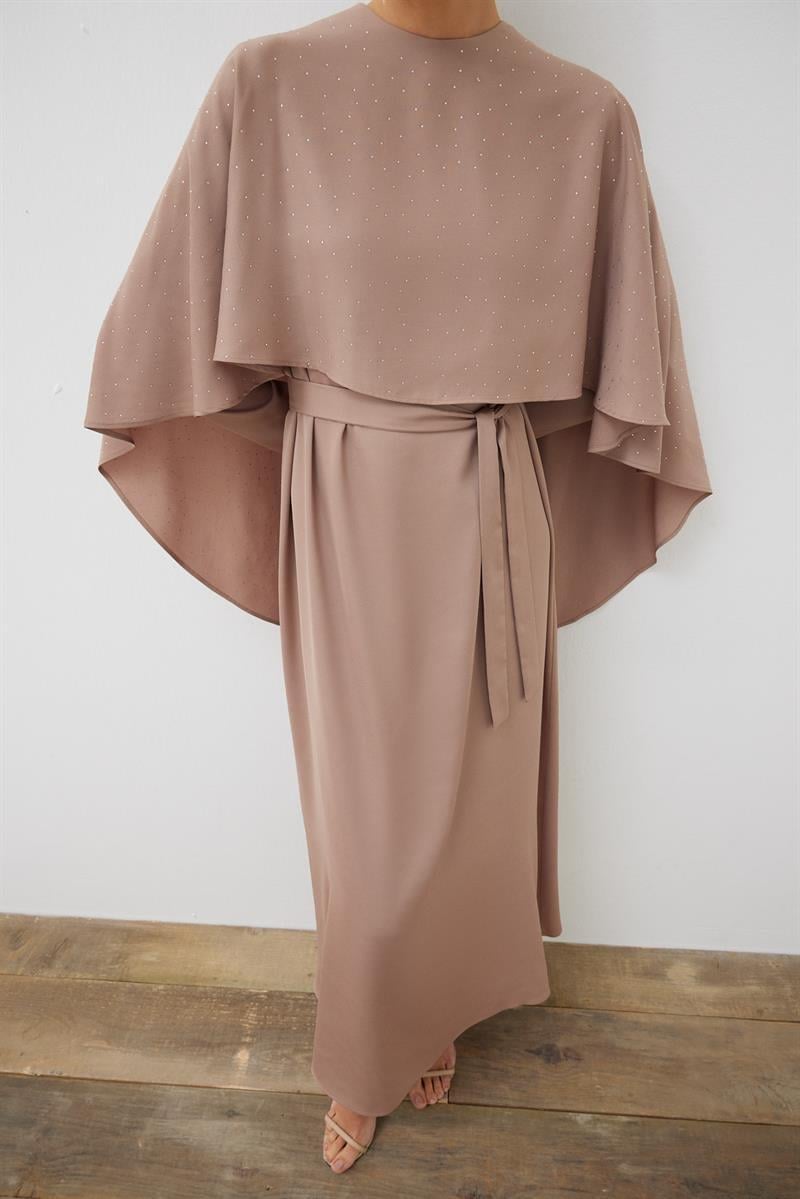 AMELIA CAPE DRESS WITH STONE DETAILS MINK