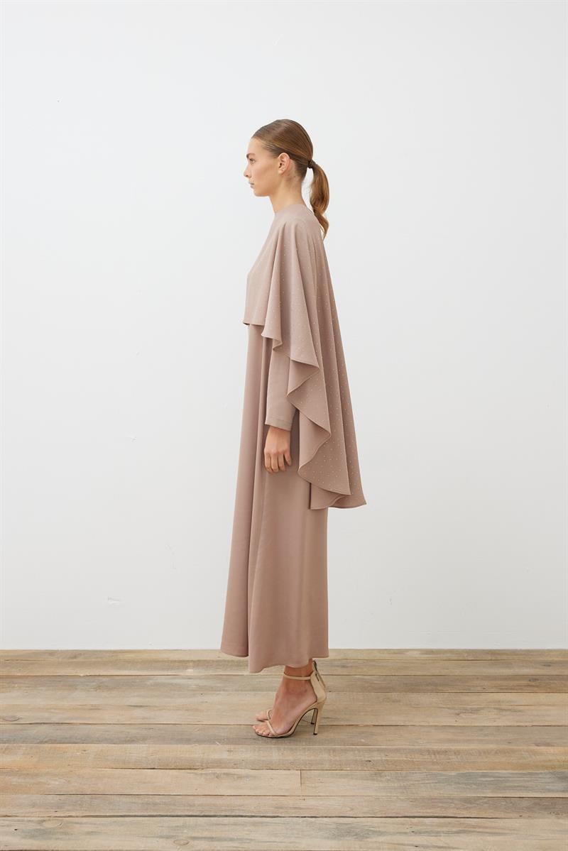AMELIA CAPE DRESS WITH STONE DETAILS MINK