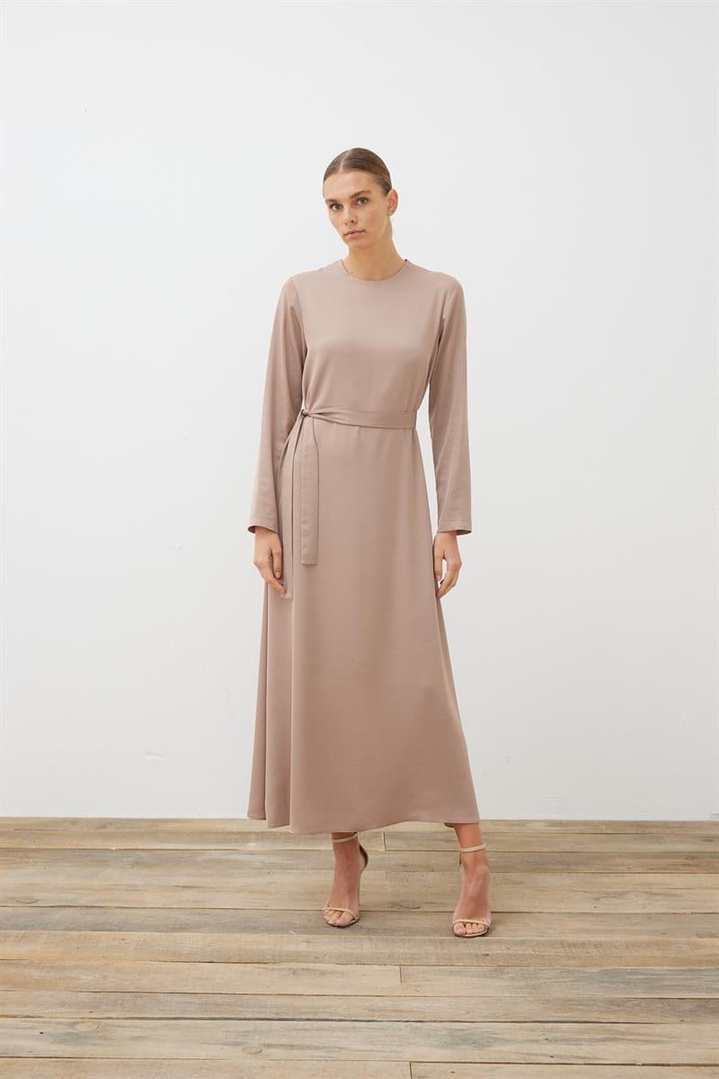 AMELIA CAPE DRESS WITH STONE DETAILS MINK