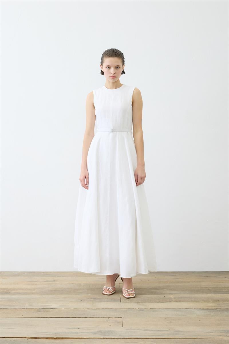 CLARA 100% LINEN SLEEVELESS FITTED DRESS WHITE