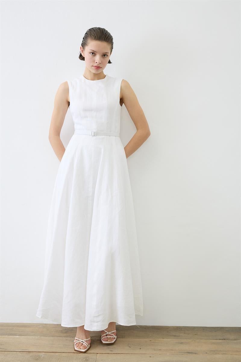 CLARA 100% LINEN SLEEVELESS FITTED DRESS WHITE
