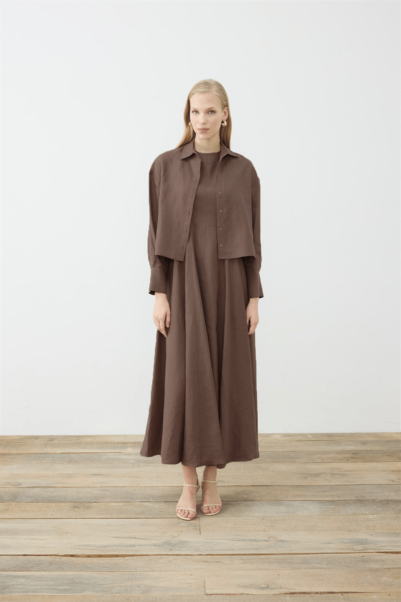 CLARA 100% LINEN SLEEVELESS FITTED DRESS TAUPE