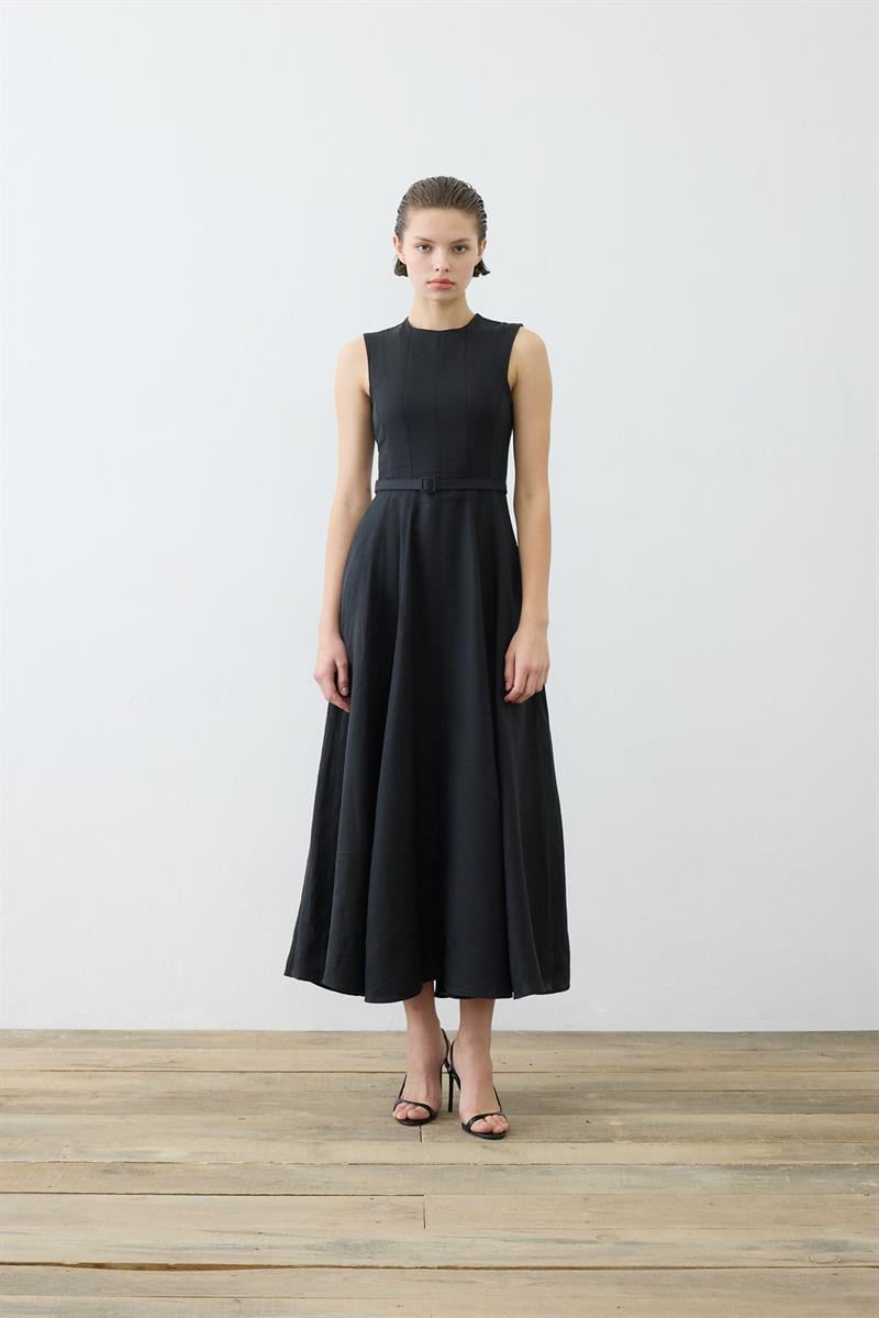 CLARA 100% LINEN SLEEVELESS FITTED DRESS BLACK