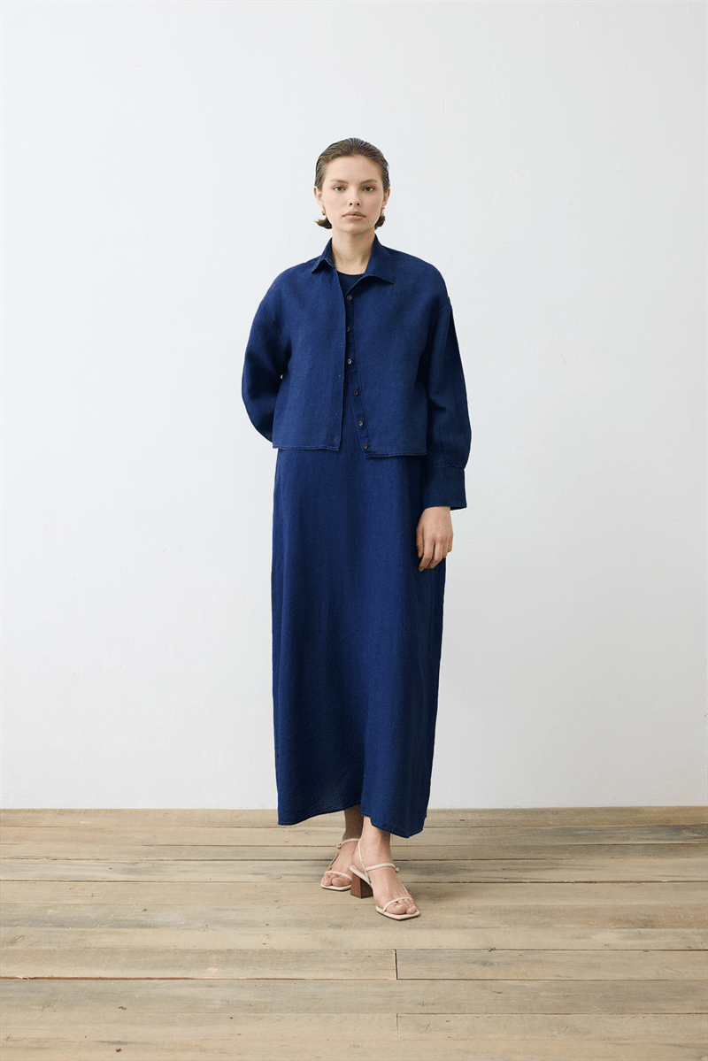 DENIM EFFECT 100% LINEN SLEEVELESS DRESS SHIRT SET NAVY BLUE