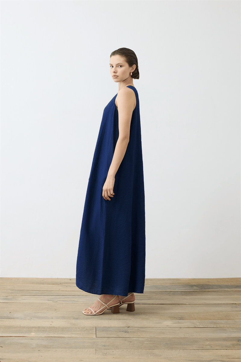 DENIM EFFECT 100% LINEN SLEEVELESS DRESS SHIRT SET NAVY BLUE