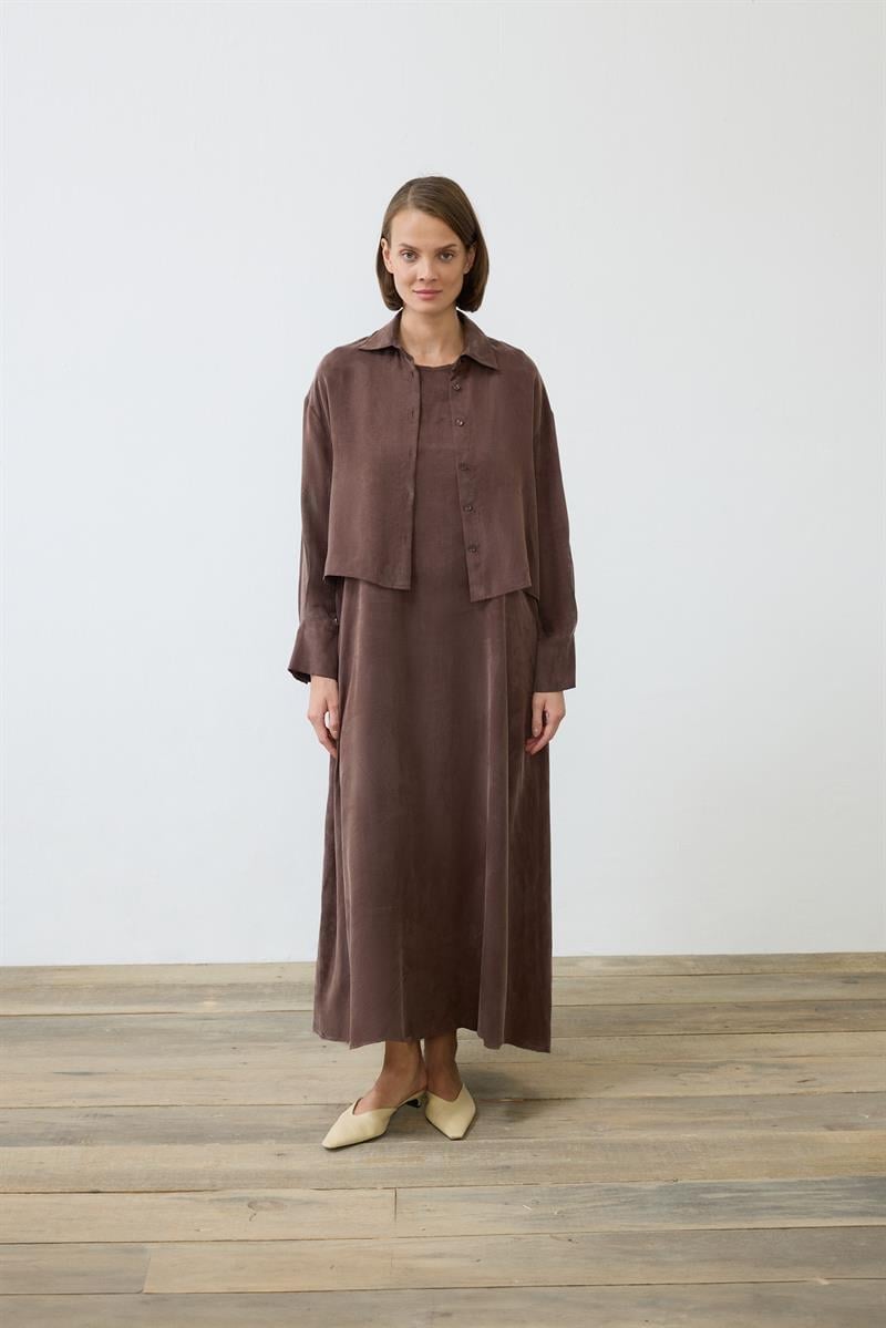 PRIME WASHED SILK SLEEVELESS SHIRT SET BROWN