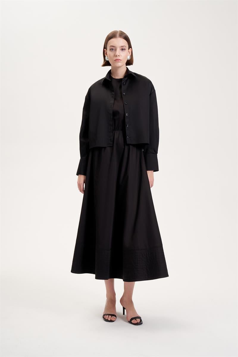 ROYAL COTTON SLEEVELESS SPORTS STITCH FLARED DRESS BLACK