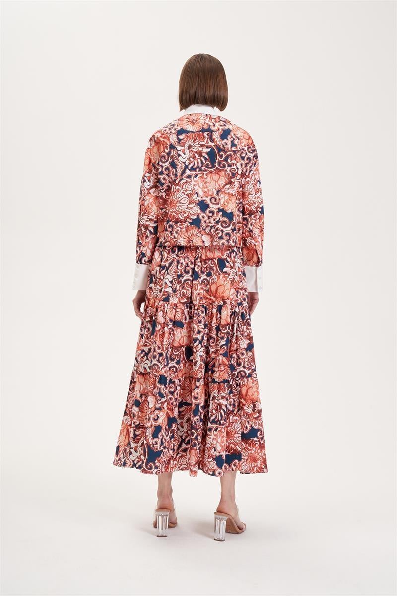 SOFIA PATTERNED PIPING DETAILED SKIRT SET NAVY BLUE