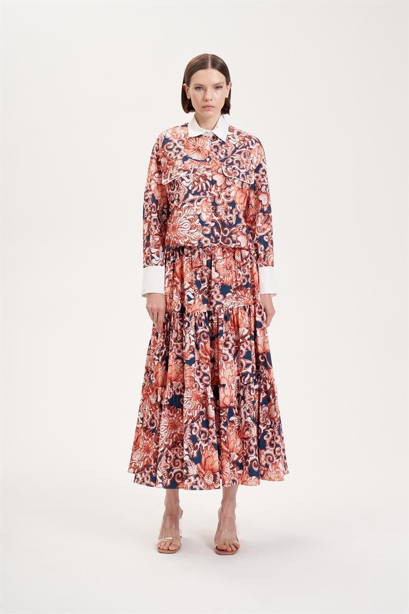 SOFIA PATTERNED PIPING DETAILED SKIRT SET NAVY BLUE