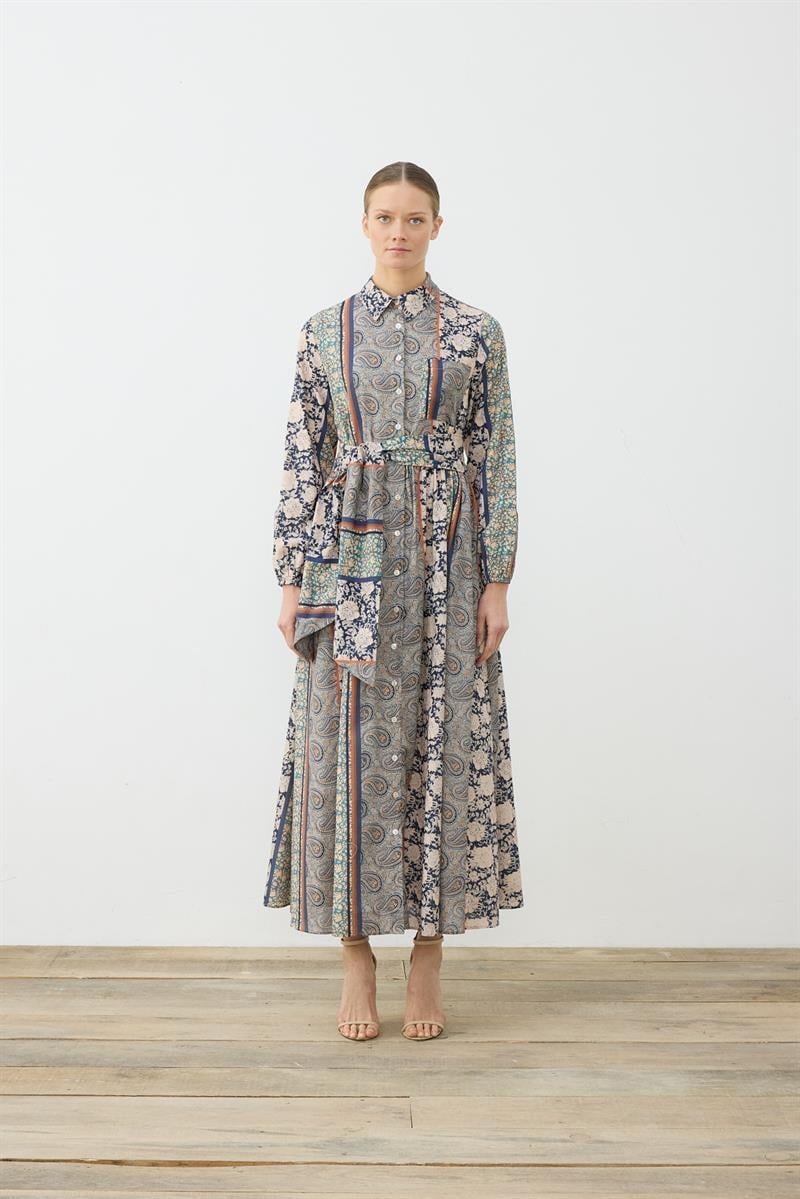 SOLE PATTERNED VOILE SHIRT DRESS BLUE