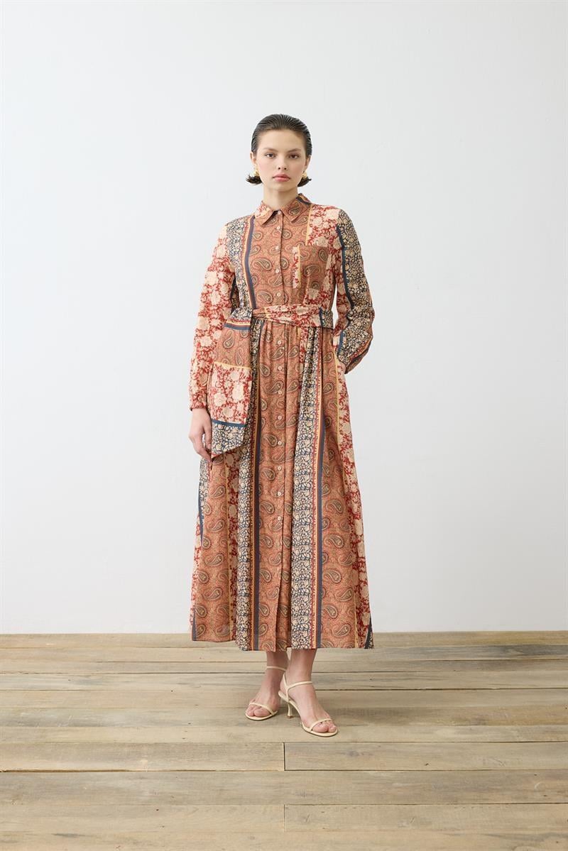 SOLE PATTERNED VOILE SHIRT DRESS ORANGE