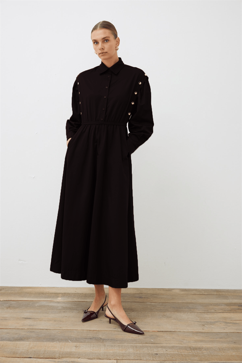 TESS BUTTON DETAILED COTTON DRESS BLACK