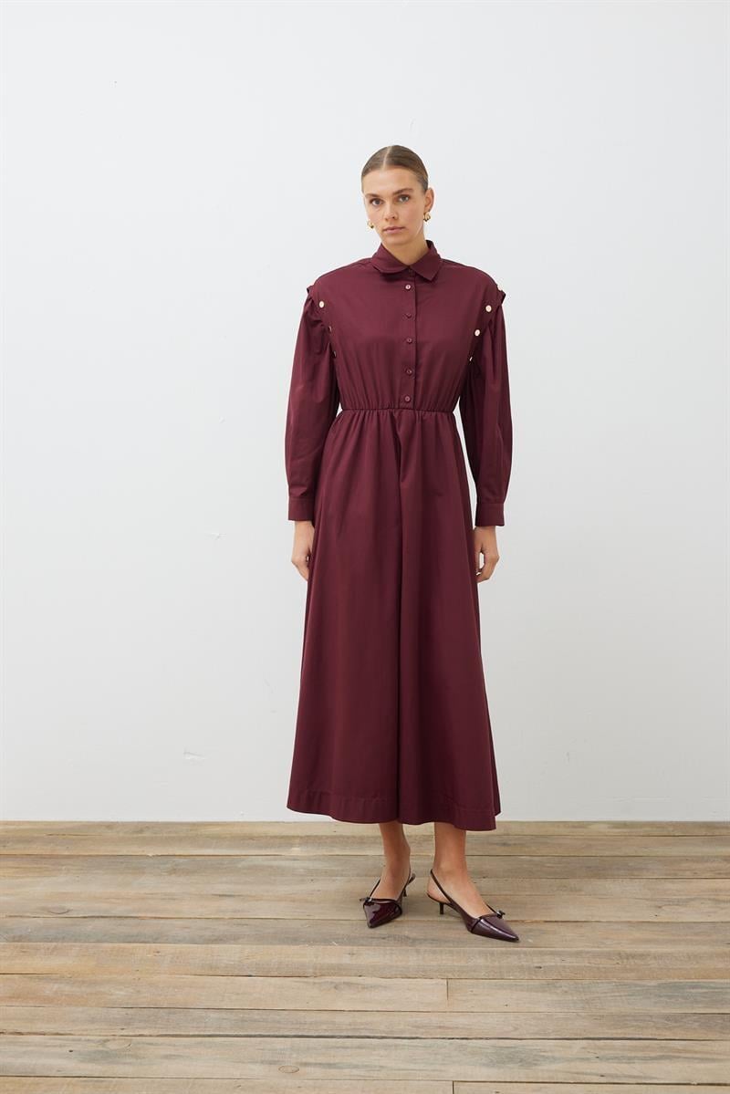 TESS BUTTON DETAILED COTTON DRESS BURGUNDY