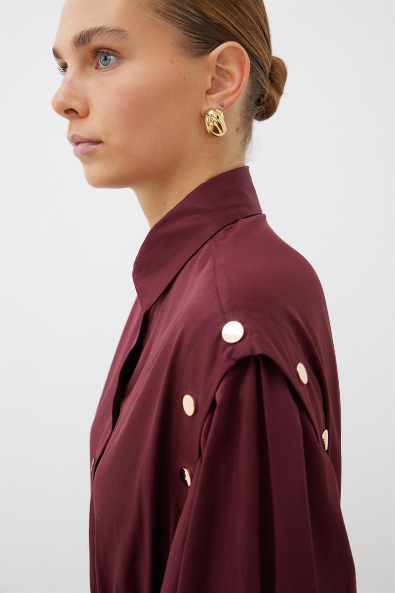 TESS BUTTON DETAILED COTTON DRESS BURGUNDY