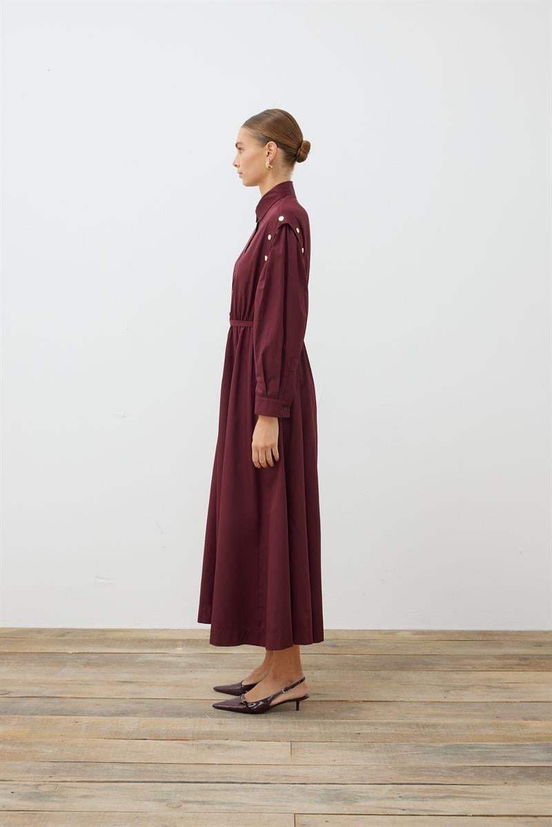 TESS BUTTON DETAILED COTTON DRESS BURGUNDY