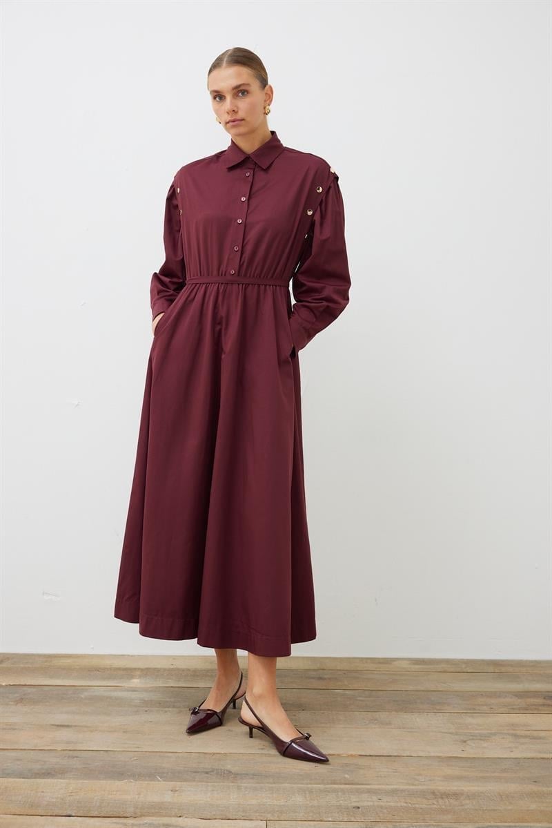 TESS BUTTON DETAILED COTTON DRESS BURGUNDY