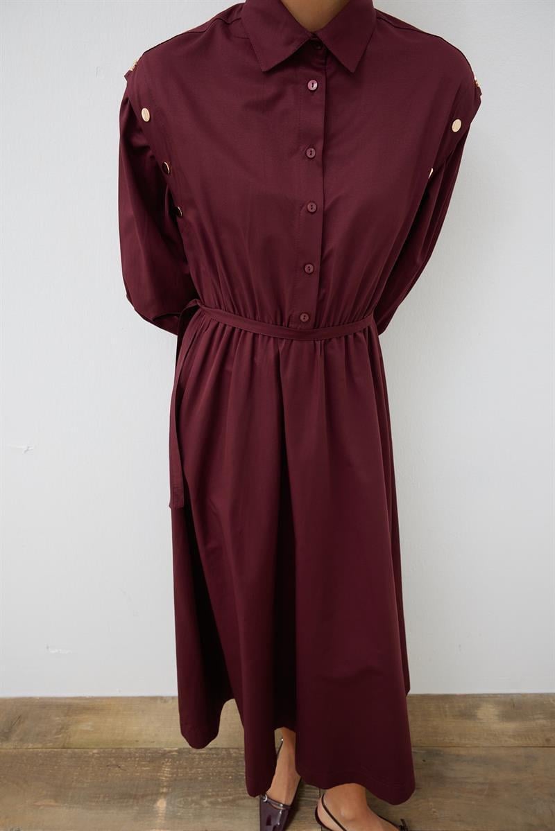 TESS BUTTON DETAILED COTTON DRESS BURGUNDY