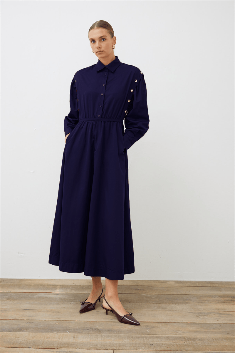 TESS BUTTON DETAILED COTTON DRESS NAVY BLUE
