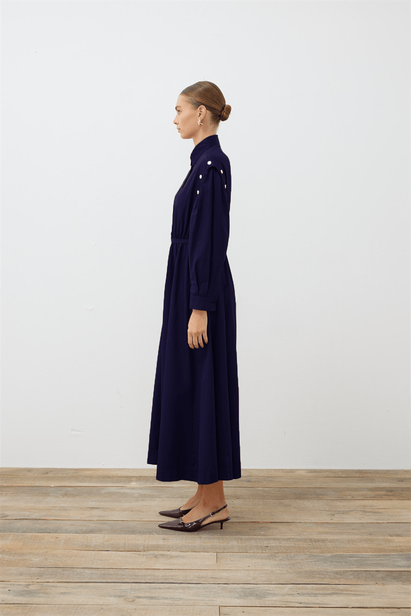 TESS BUTTON DETAILED COTTON DRESS NAVY BLUE