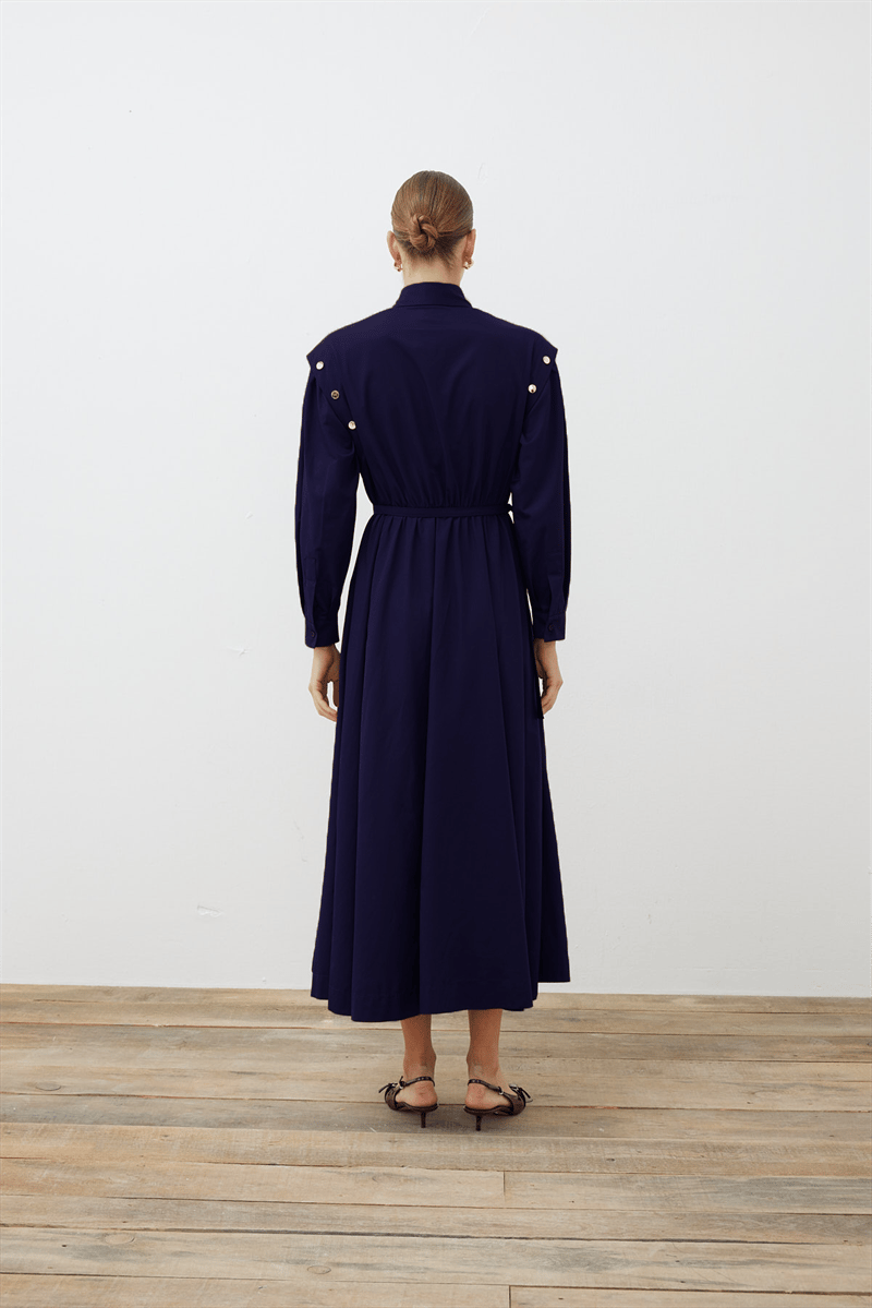 TESS BUTTON DETAILED COTTON DRESS NAVY BLUE