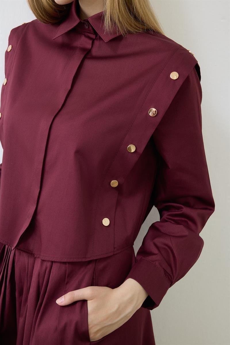 TESS BUTTON DETAILED COTTON SKIRT SET BURGUNDY