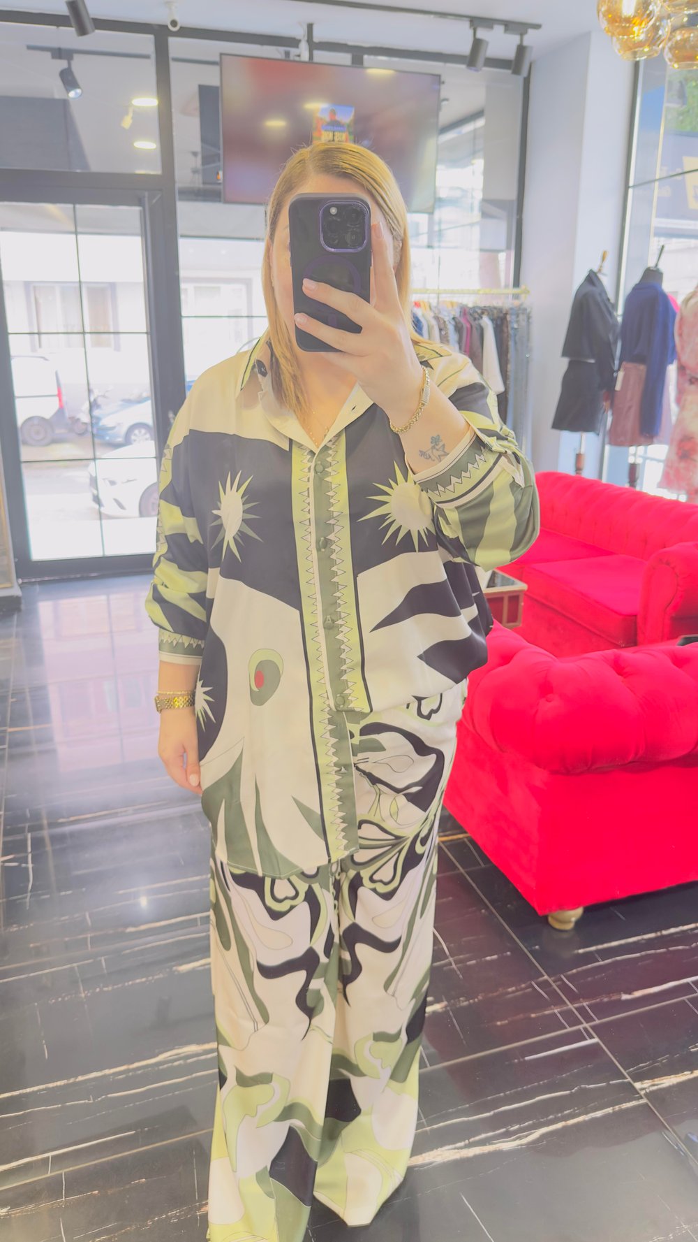 Orijinal Model , Beli Lastikli , Pantolon & Gömlek , Desenli , Yeşil Saten Takım