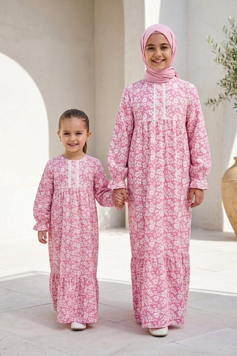 Kız Çocuk Tesettür Elbise - Pamuklu Viskon Zümra Model Tam Boy Pembe - Betül Akbay