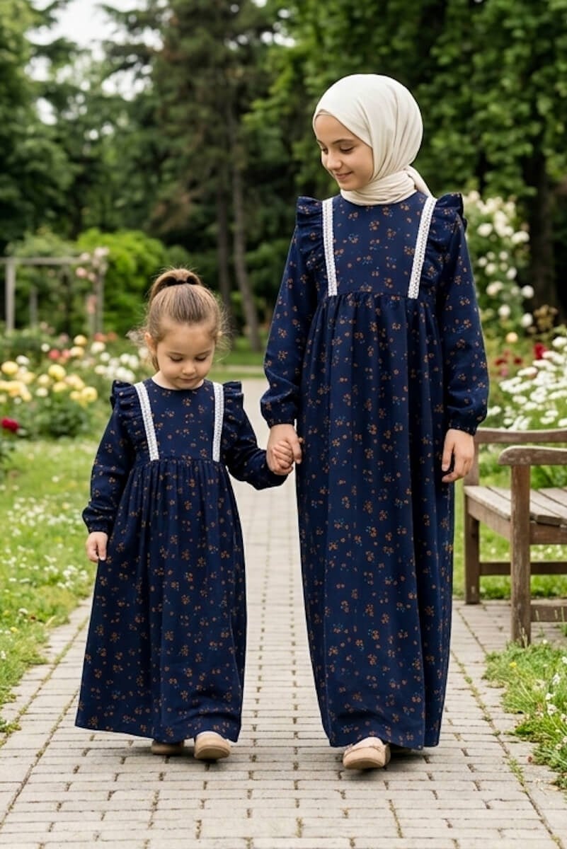 Kız Çocuk Tesettür Elbise - Ahsen Model Pamuklu Viskon Tam Boy Lacivert - Betül Akbay