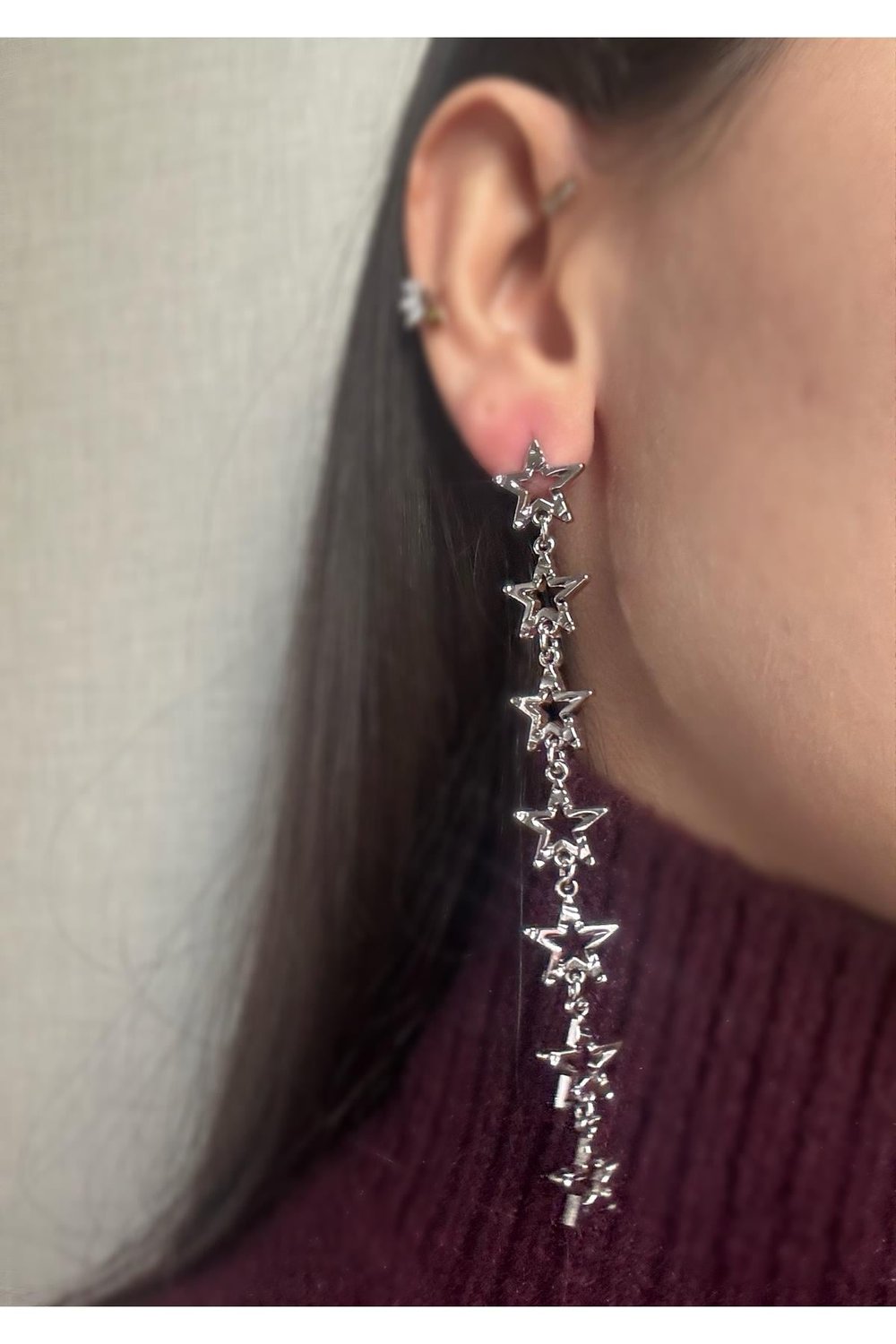 Stradi Model Silver Yıldız Zincir Sallantılı Küpe