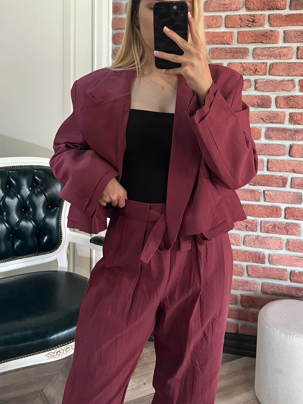 Bordo Oversize Blazer ve Bağlamalı Pantolon Takım
