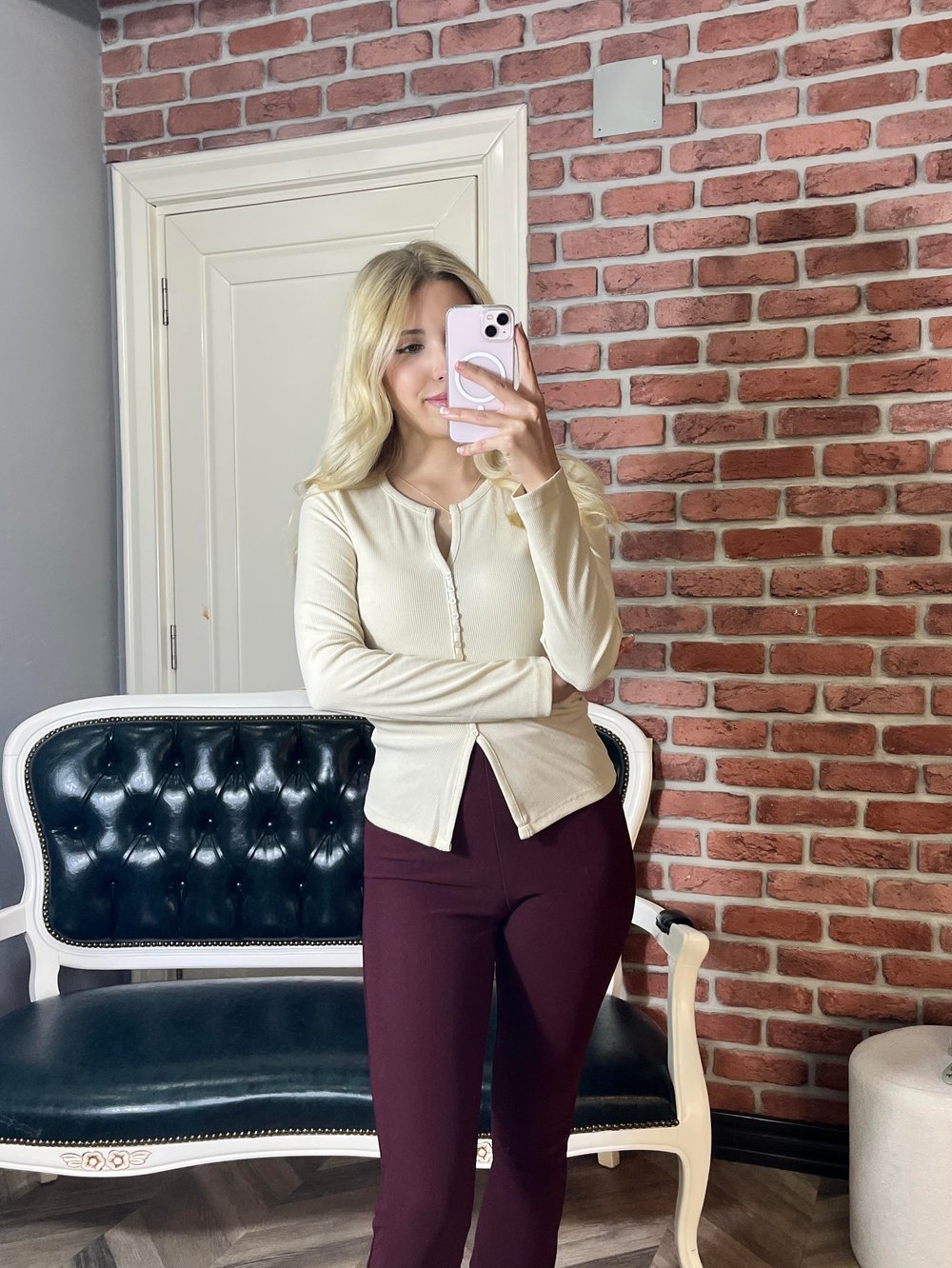Kadın Bordo Paça Düğme Detaylı Yüksek Bel Tayt