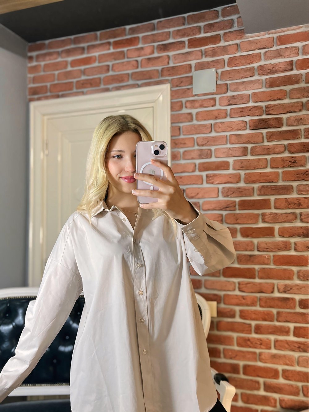 Krem Oversize Düğmeli Gömlek
