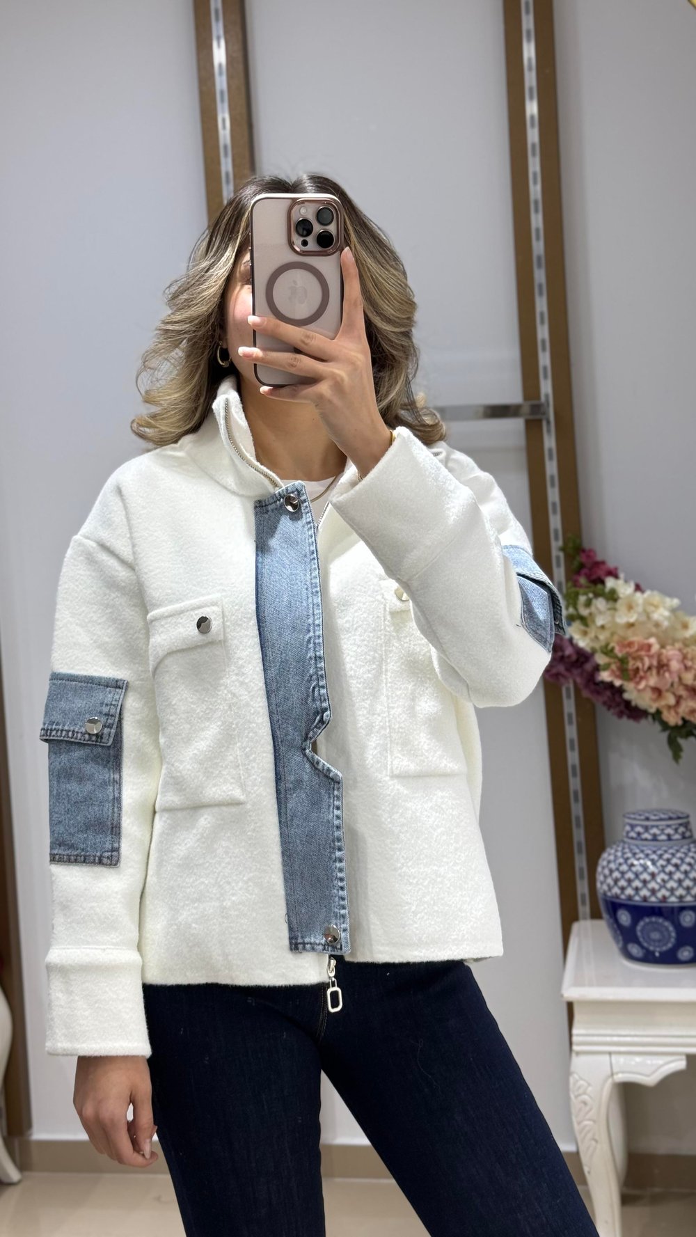Angora önü kot kapaklı ceket hırka beyaz 