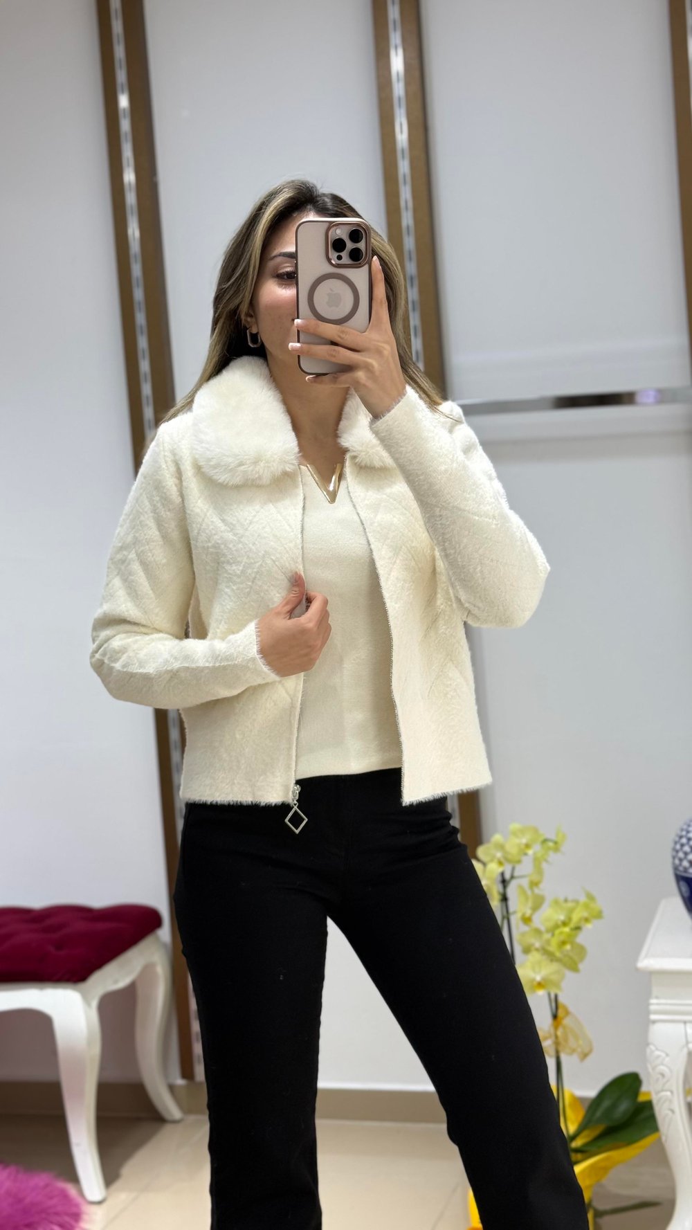 Yaka Kürk Angora Fermuarlı kısa hırka BEYAZ