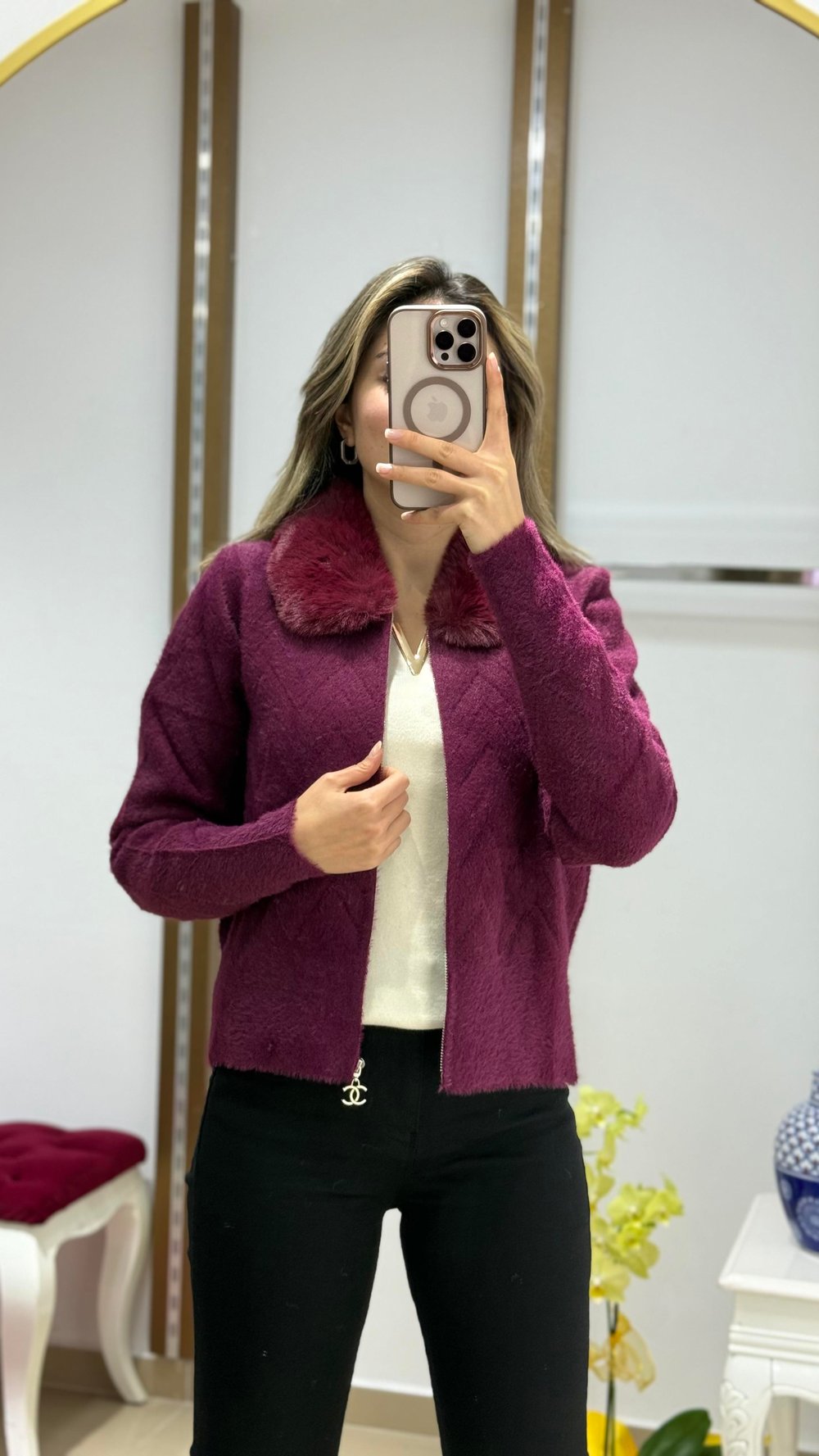 Yaka Kürk Angora Fermuarlı kısa hırka MÜRDÜM